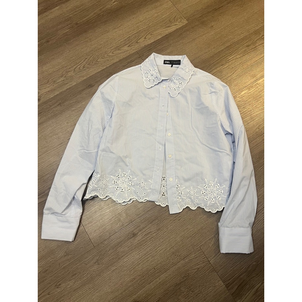 Zara Blue White Striped Eyelet Embroidered Scallop Hem Shirt M